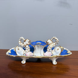 Very Rare French Porcelain Inkwell - Dolphins On Shells