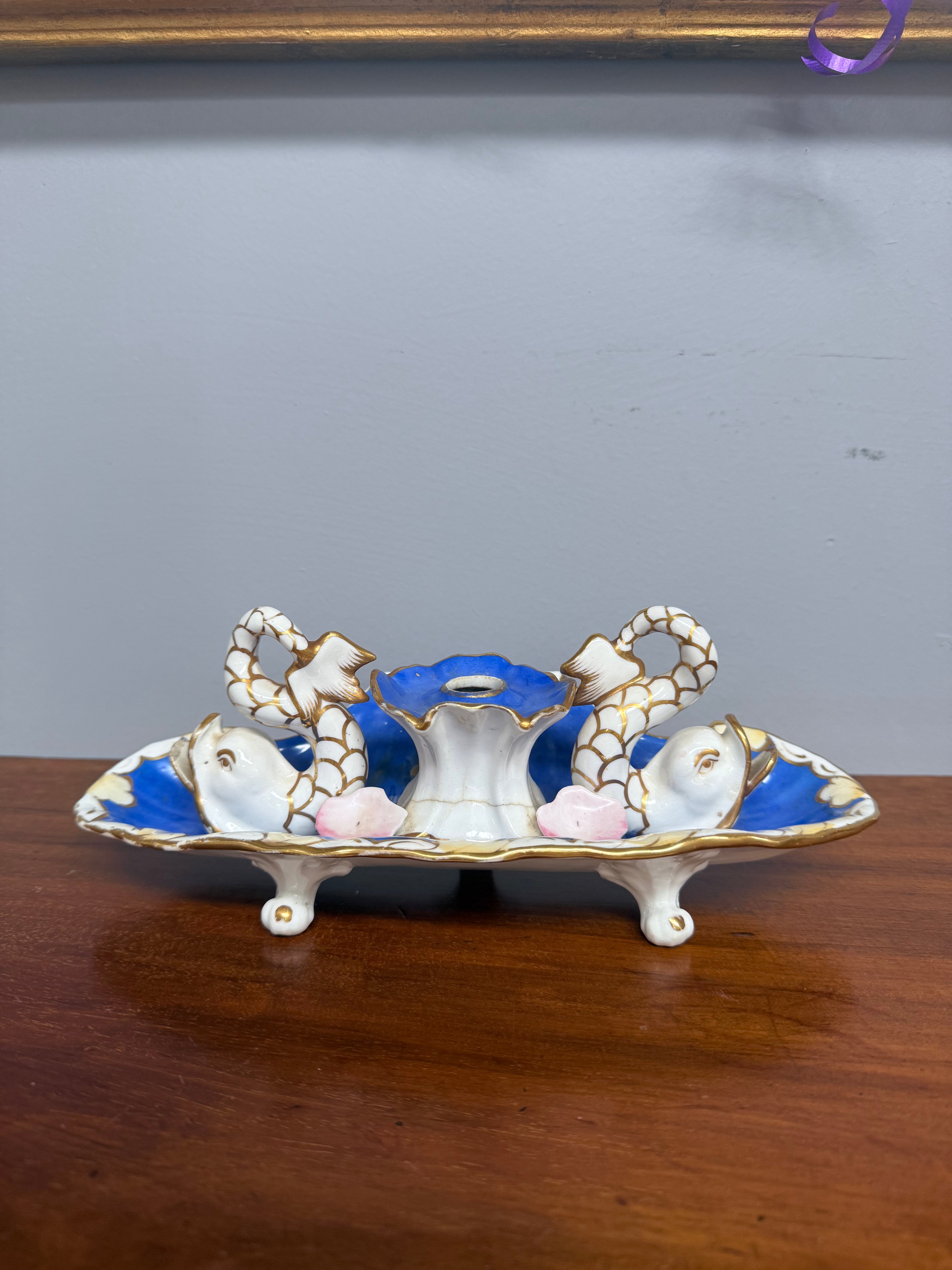 Very Rare French Porcelain Inkwell - Dolphins On Shells | Antique & Vintage | Moonee Ponds Antiques | Australia Wide Delivery