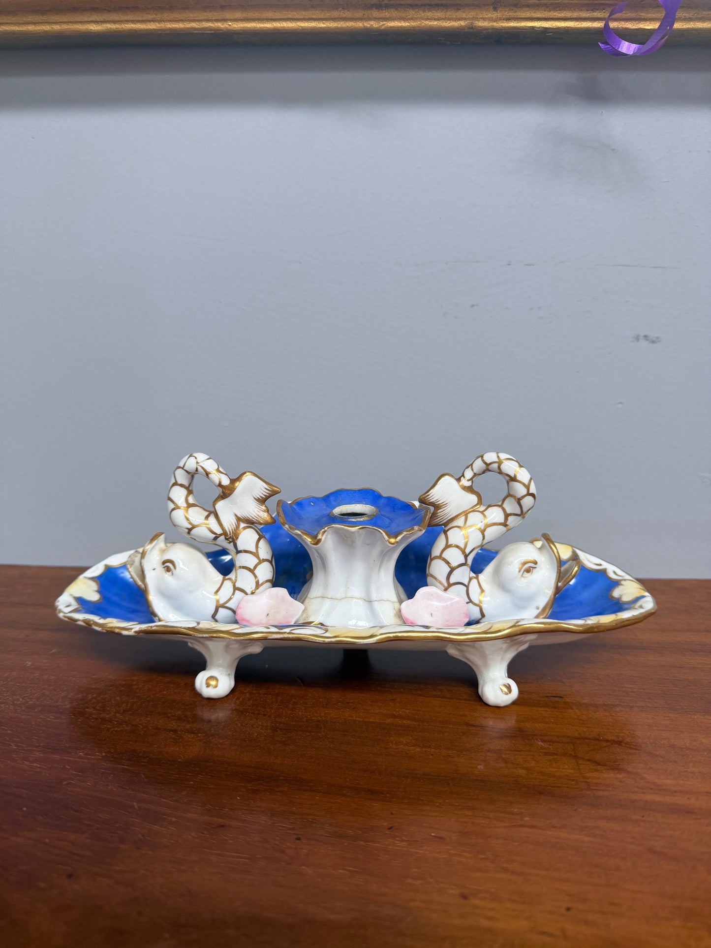 Very Rare French Porcelain Inkwell - Dolphins On Shells