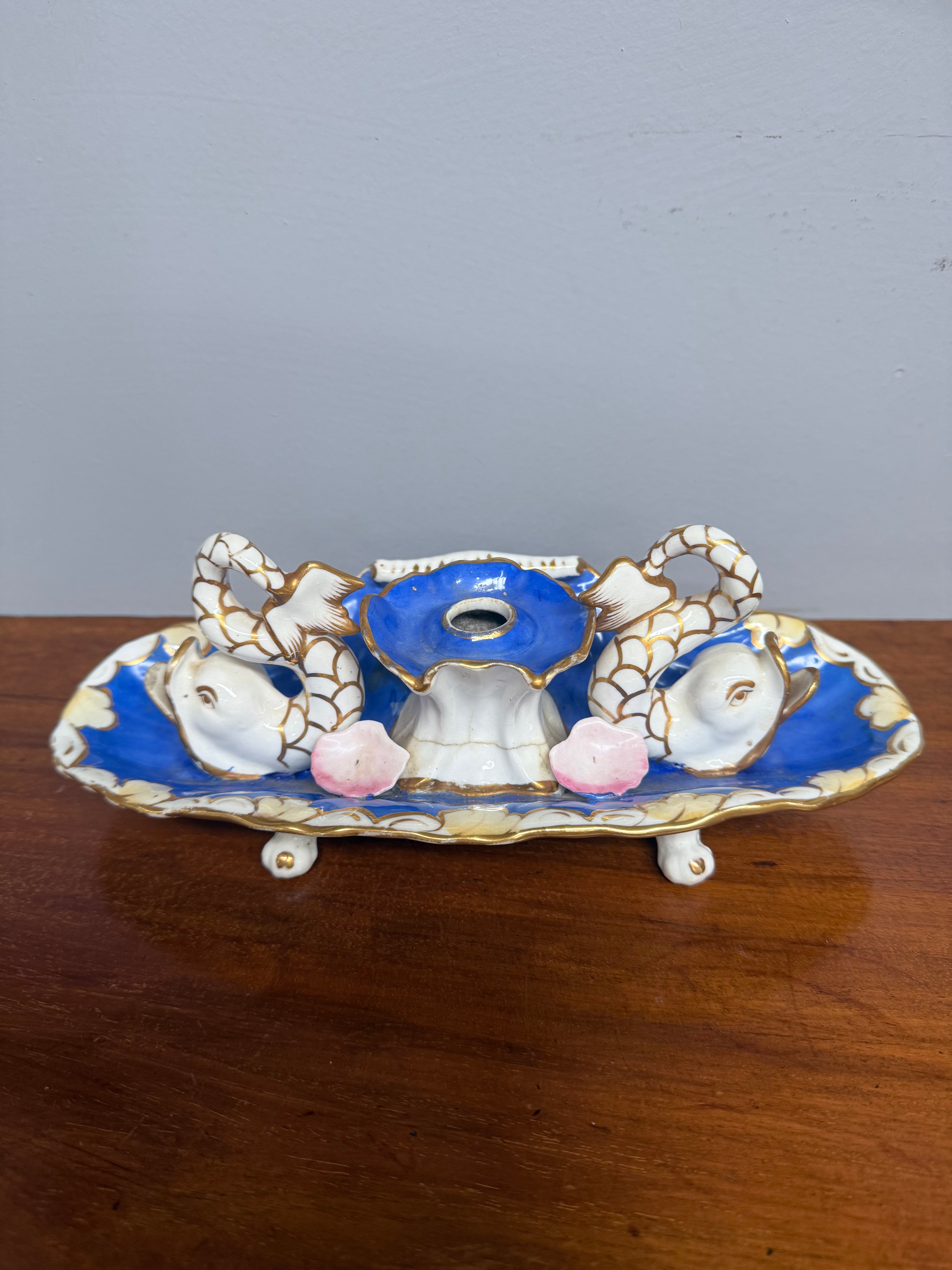 Very Rare French Porcelain Inkwell - Dolphins On Shells | Antique & Vintage | Moonee Ponds Antiques | Australia Wide Delivery