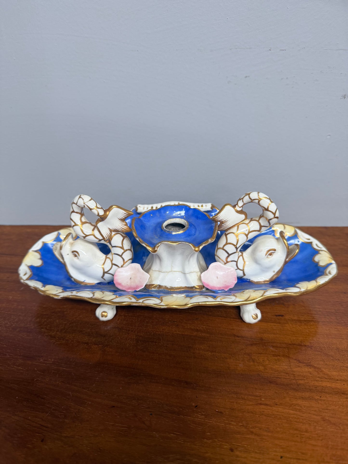 Very Rare French Porcelain Inkwell - Dolphins On Shells
