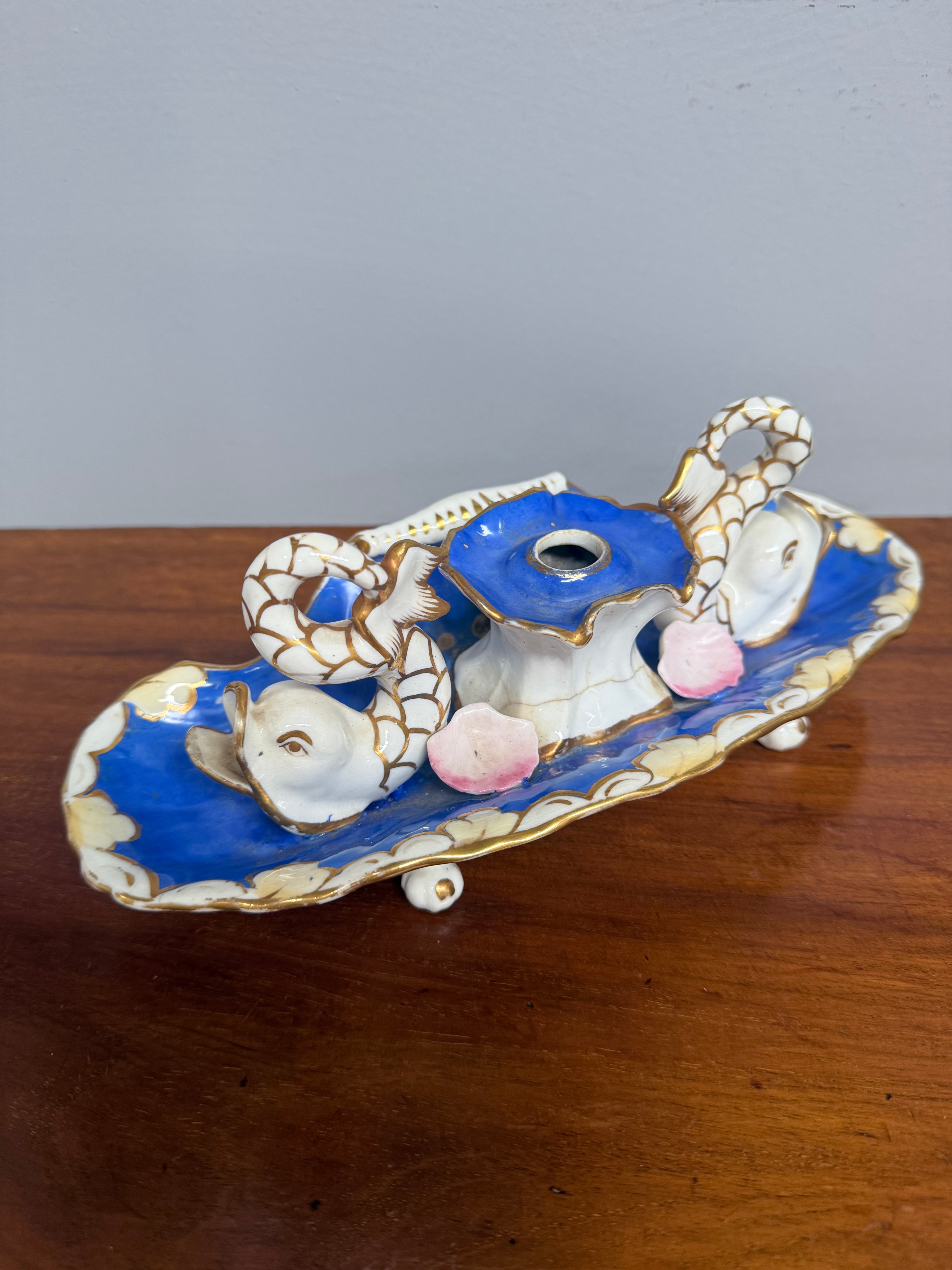 Very Rare French Porcelain Inkwell - Dolphins On Shells | Antique & Vintage | Moonee Ponds Antiques | Australia Wide Delivery