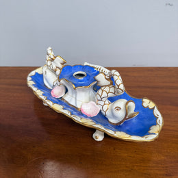 Very Rare French Porcelain Inkwell - Dolphins On Shells