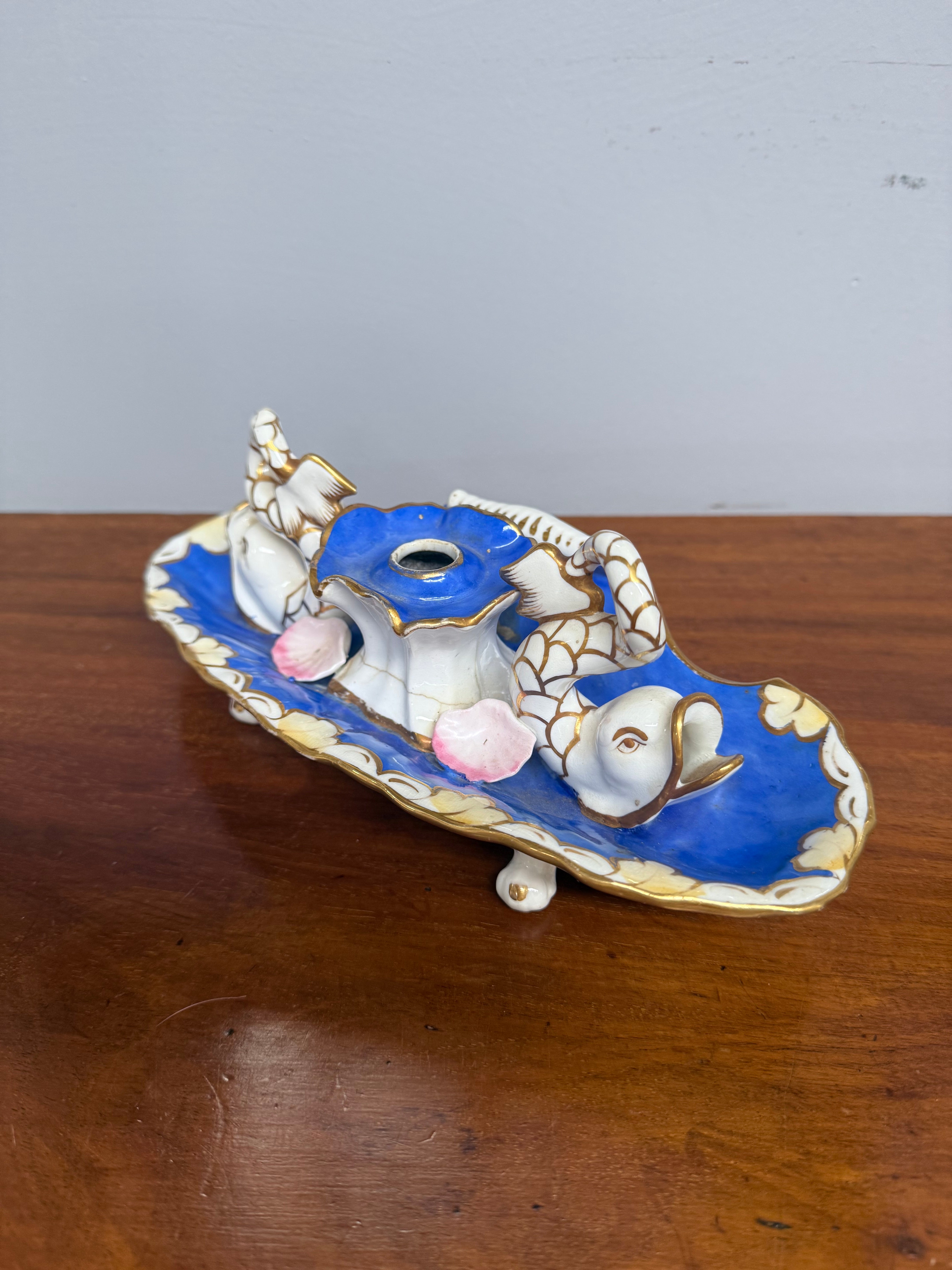 Very Rare French Porcelain Inkwell - Dolphins On Shells | Antique & Vintage | Moonee Ponds Antiques | Australia Wide Delivery