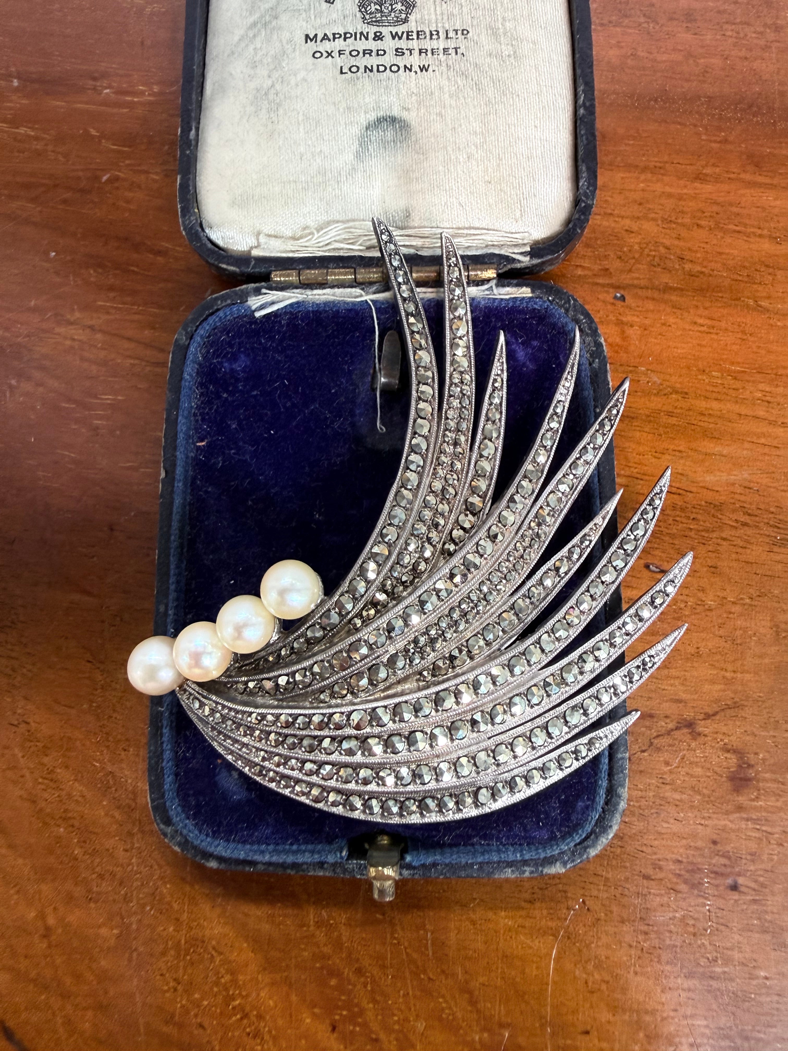 Stunning Marcasite and Pearl Sterling Silver Brooch