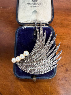Stunning Marcasite and Pearl Sterling Silver Brooch | Antique & Vintage | Moonee Ponds Antiques | Australia Wide Delivery