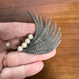 Stunning Marcasite and Pearl Sterling Silver Brooch