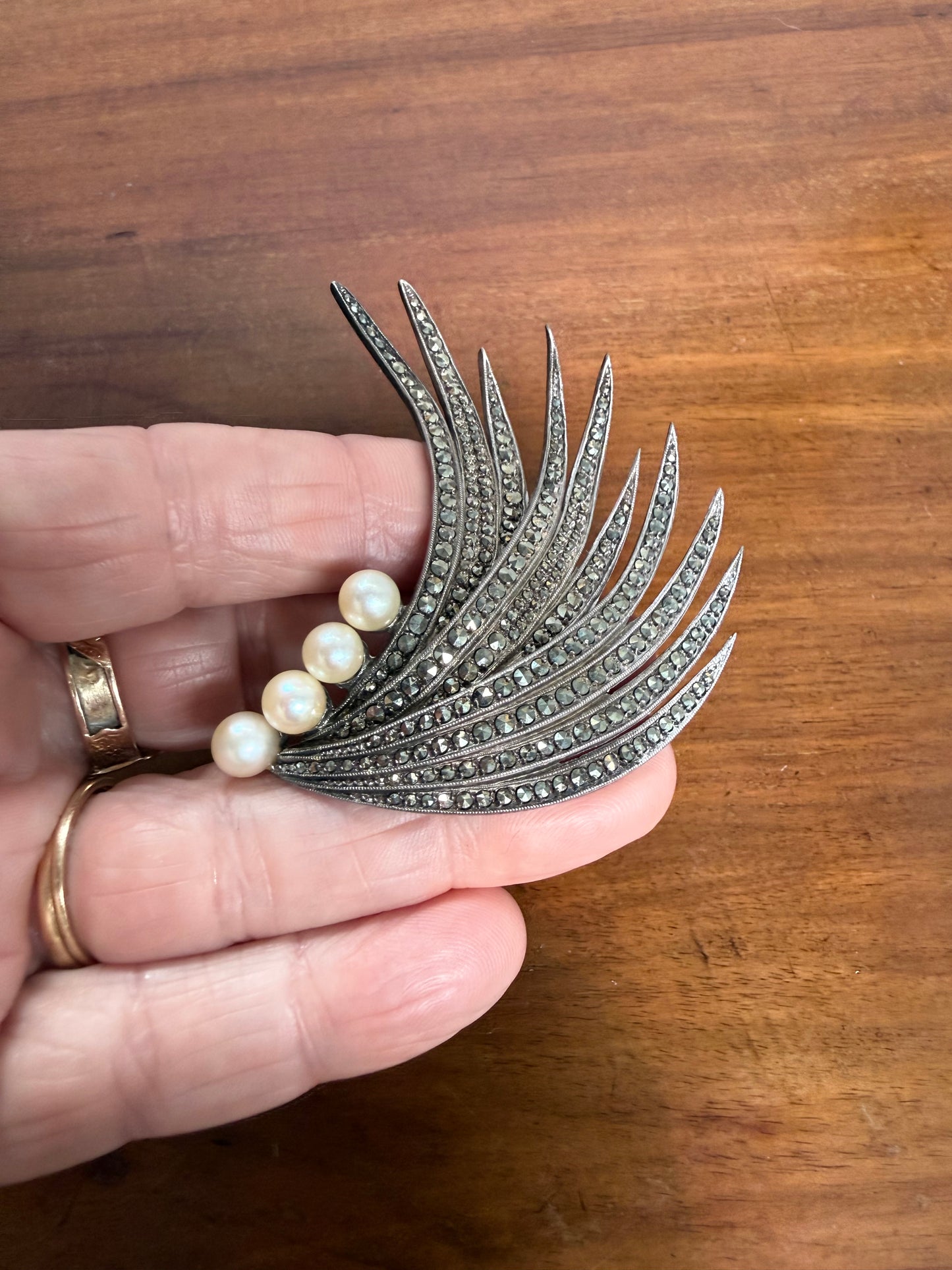 Stunning Marcasite and Pearl Sterling Silver Brooch
