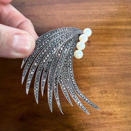 Stunning Marcasite and Pearl Sterling Silver Brooch