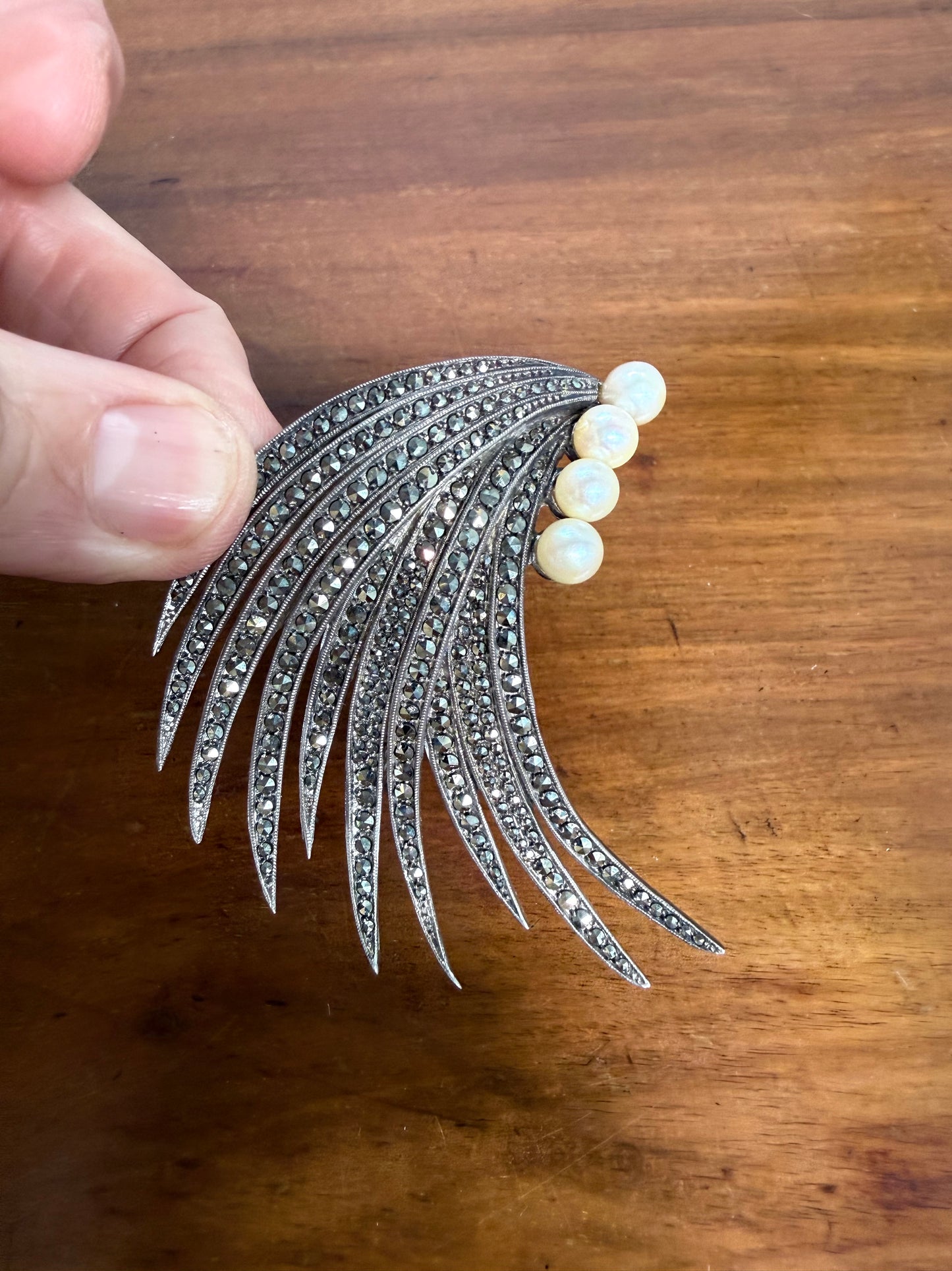 Stunning Marcasite and Pearl Sterling Silver Brooch