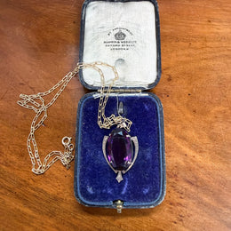 Edwardian 9ct Gold Silver Lined Amethyst Pendant & Chain