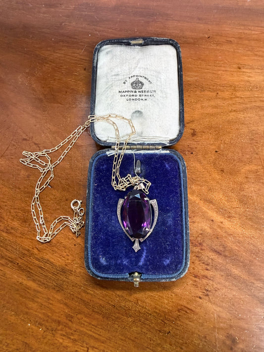 Edwardian 9ct Gold Silver Lined Amethyst Pendant & Chain