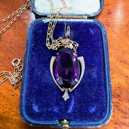 Edwardian 9ct Gold Silver Lined Amethyst Pendant & Chain