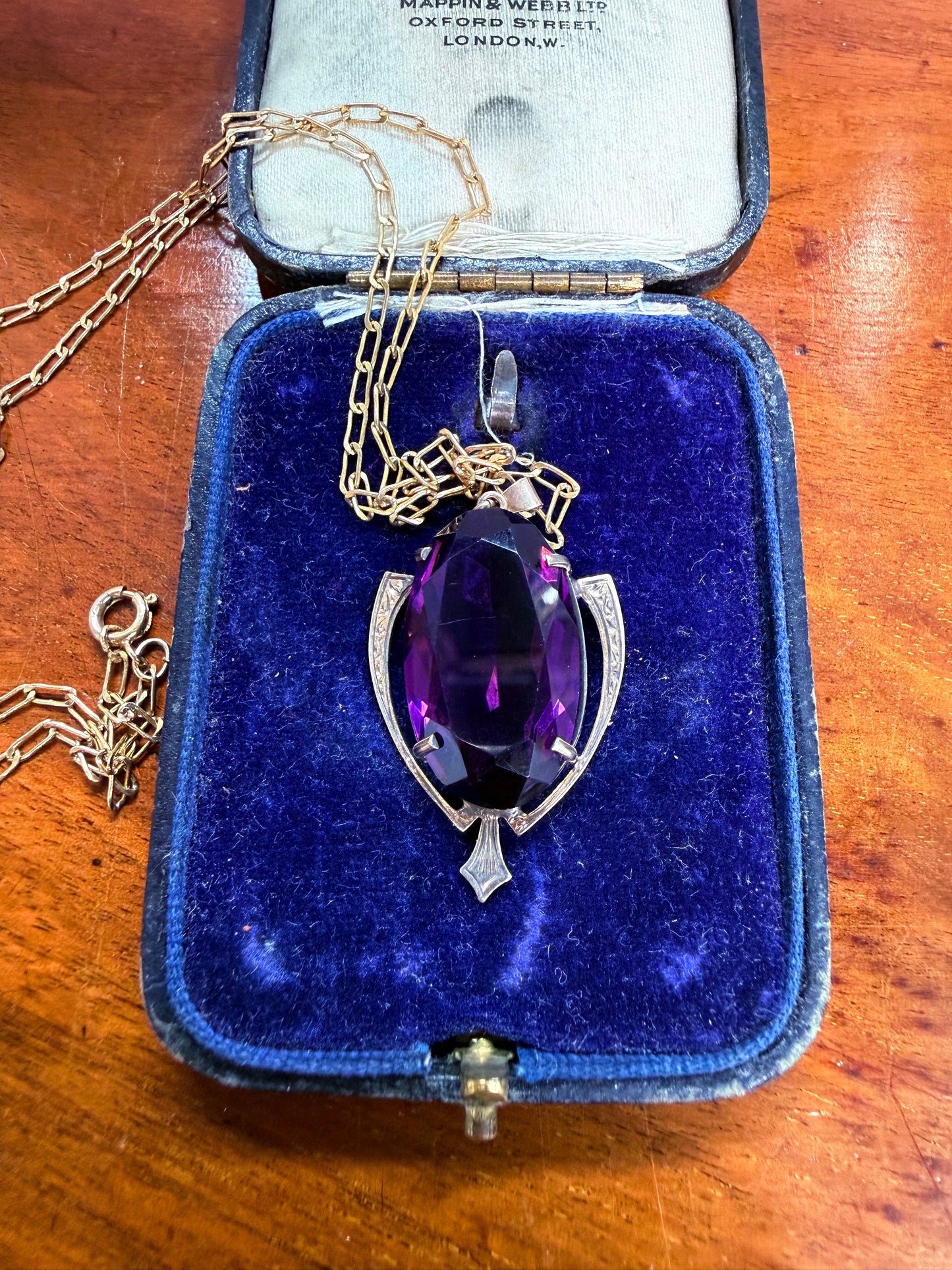 Edwardian 9ct Gold Silver Lined Amethyst Pendant & Chain