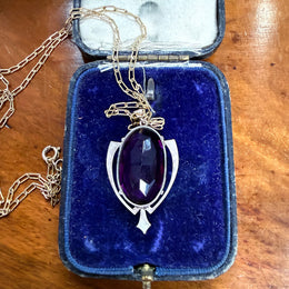 Edwardian 9ct Gold Silver Lined Amethyst Pendant & Chain