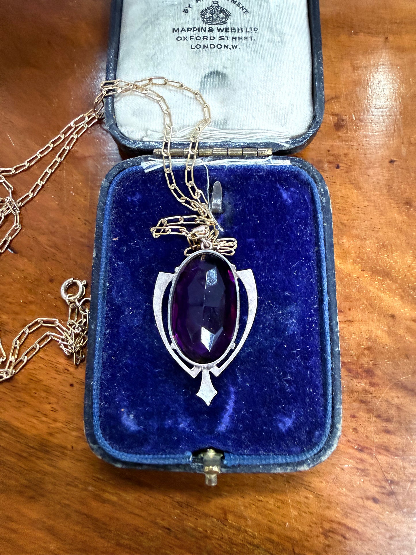 Edwardian 9ct Gold Silver Lined Amethyst Pendant & Chain