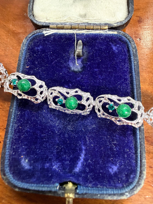 Lovely Vintage 925 Sterling Silver & Green Stones Bracelet