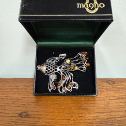 Unusual Sterling Silver & Amber Large Fish Pendant