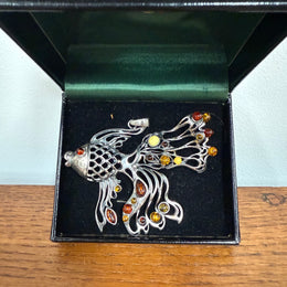 Unusual Sterling Silver & Amber Large Fish Pendant