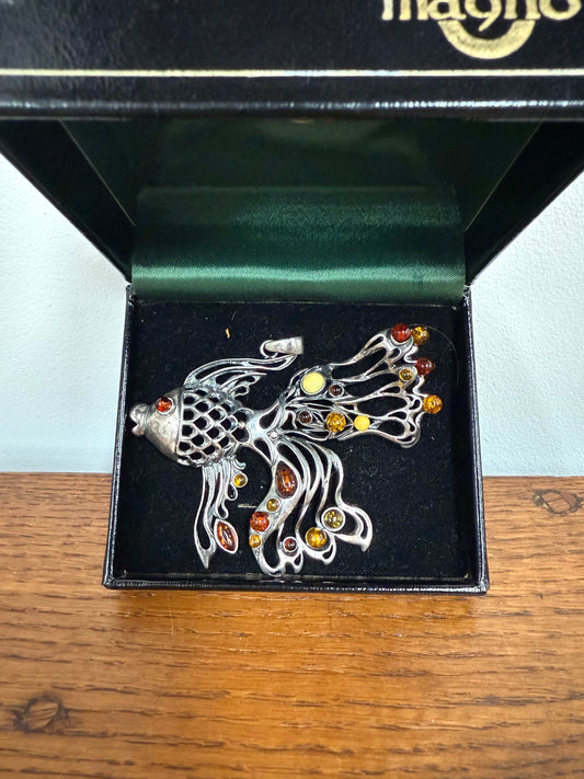 Unusual Sterling Silver & Amber Large Fish Pendant