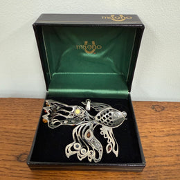 Unusual Sterling Silver & Amber Large Fish Pendant