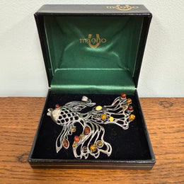 Unusual Sterling Silver & Amber Large Fish Pendant