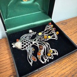 Unusual Sterling Silver & Amber Large Fish Pendant