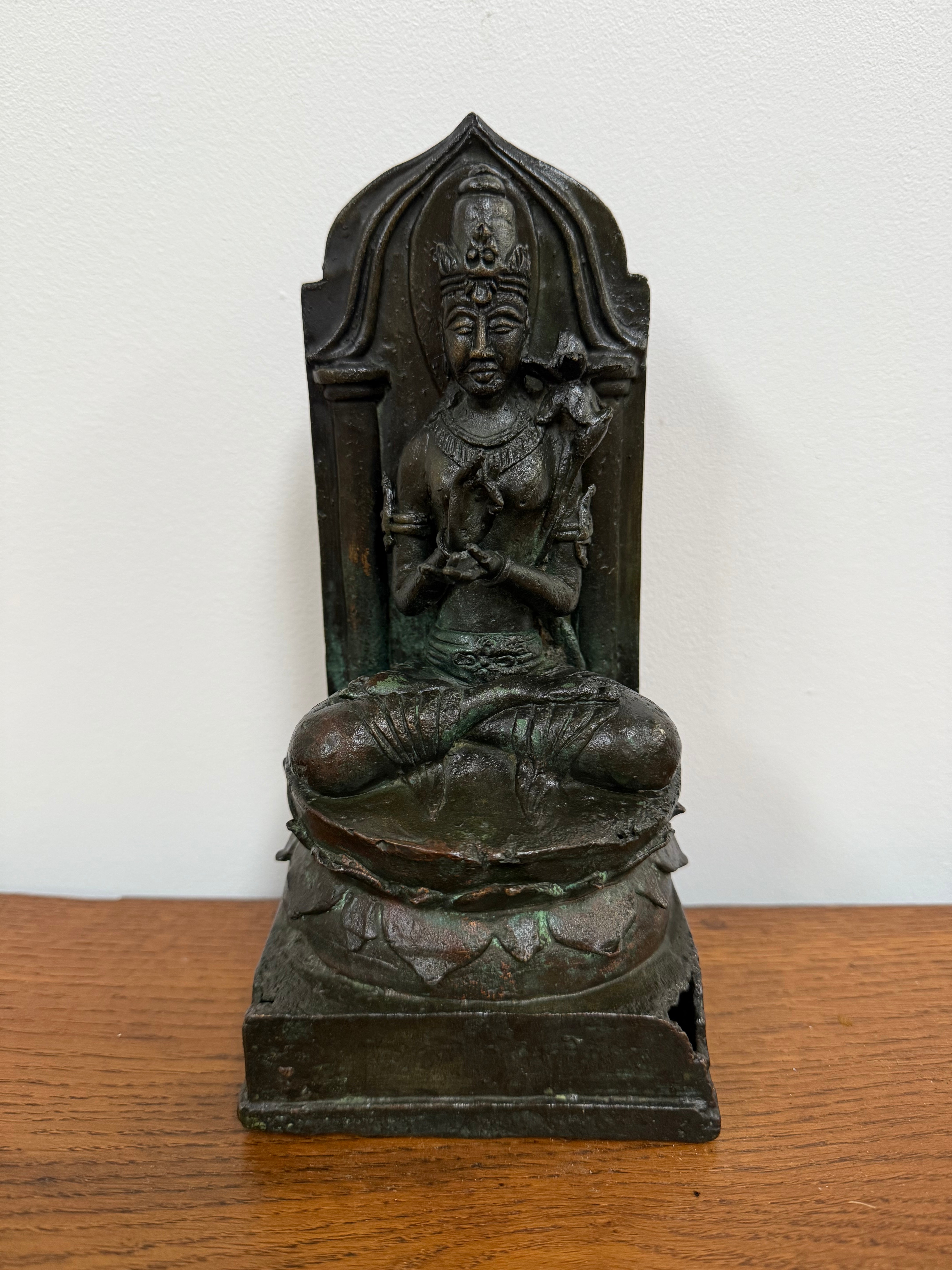 Antique Bronze Statue of Goddess Tara On Throne