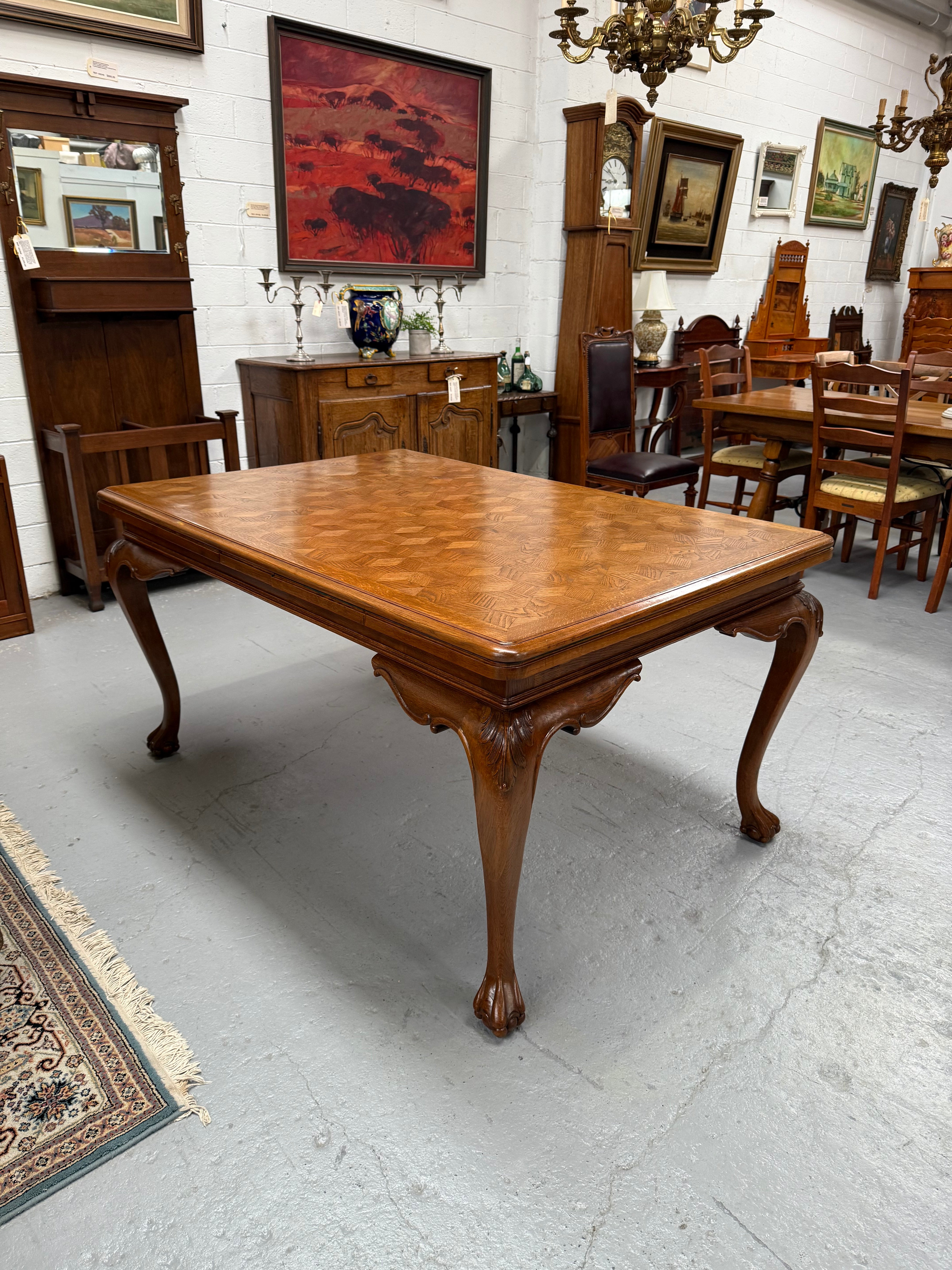 Beautiful French Parquetry Top Extension Table With Ball & Claw Feet | Antique & Vintage | Moonee Ponds Antiques | Australia Wide Delivery