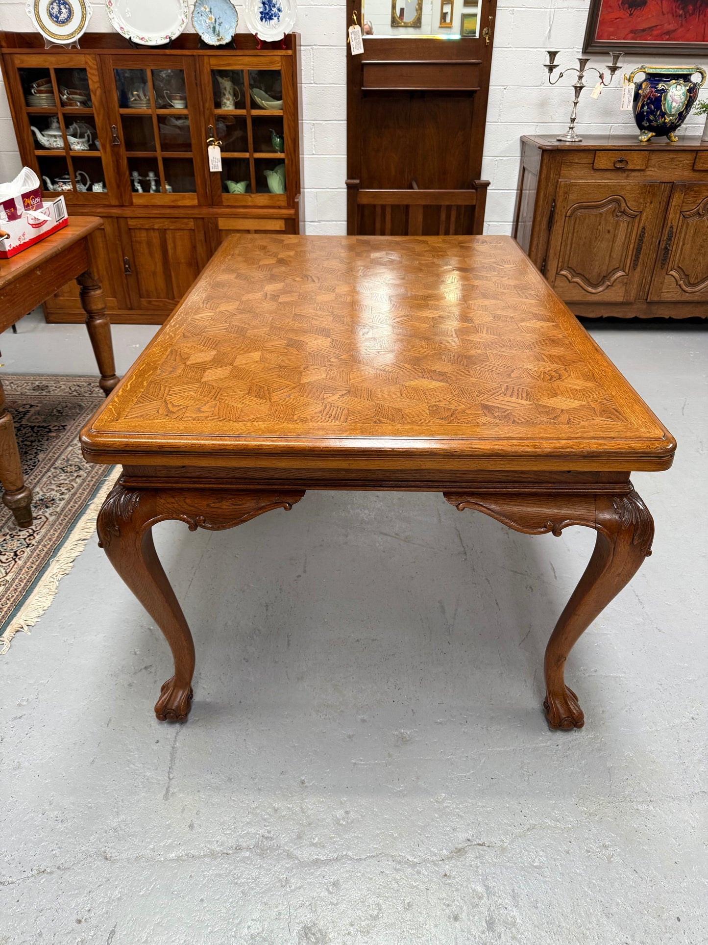 Beautiful French Parquetry Top Extension Table With Ball & Claw Feet
