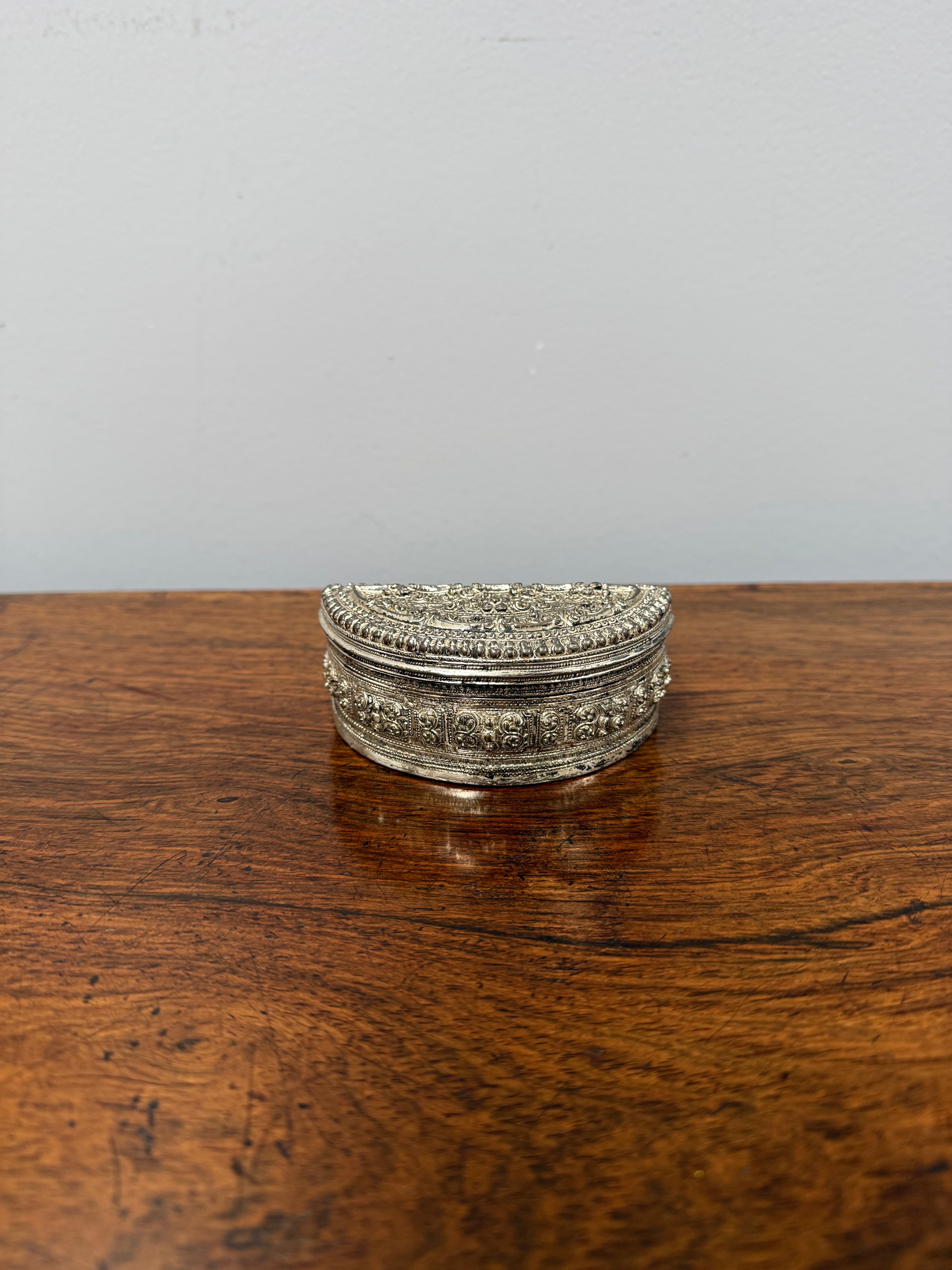 Antique Burmese Silver Crescent Moon Betel Lime Box