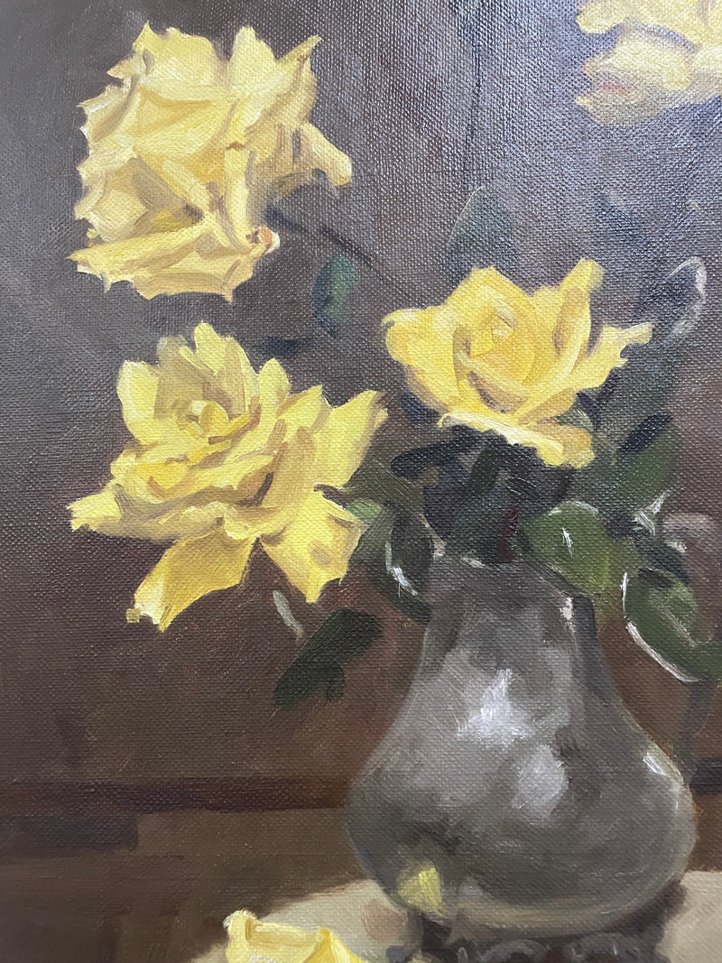 Stunning oil on canvas on board of yellow roses and in a pretty ornate frame. Signed by Australian Artist "Judith Wills". In good original detailed condition. Please view photos as they help form part of the description.  *Please note measurements are of frame. 