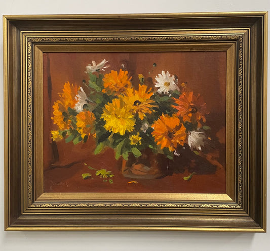 Beautiful Framed Mid Century Daisies Floral Painting