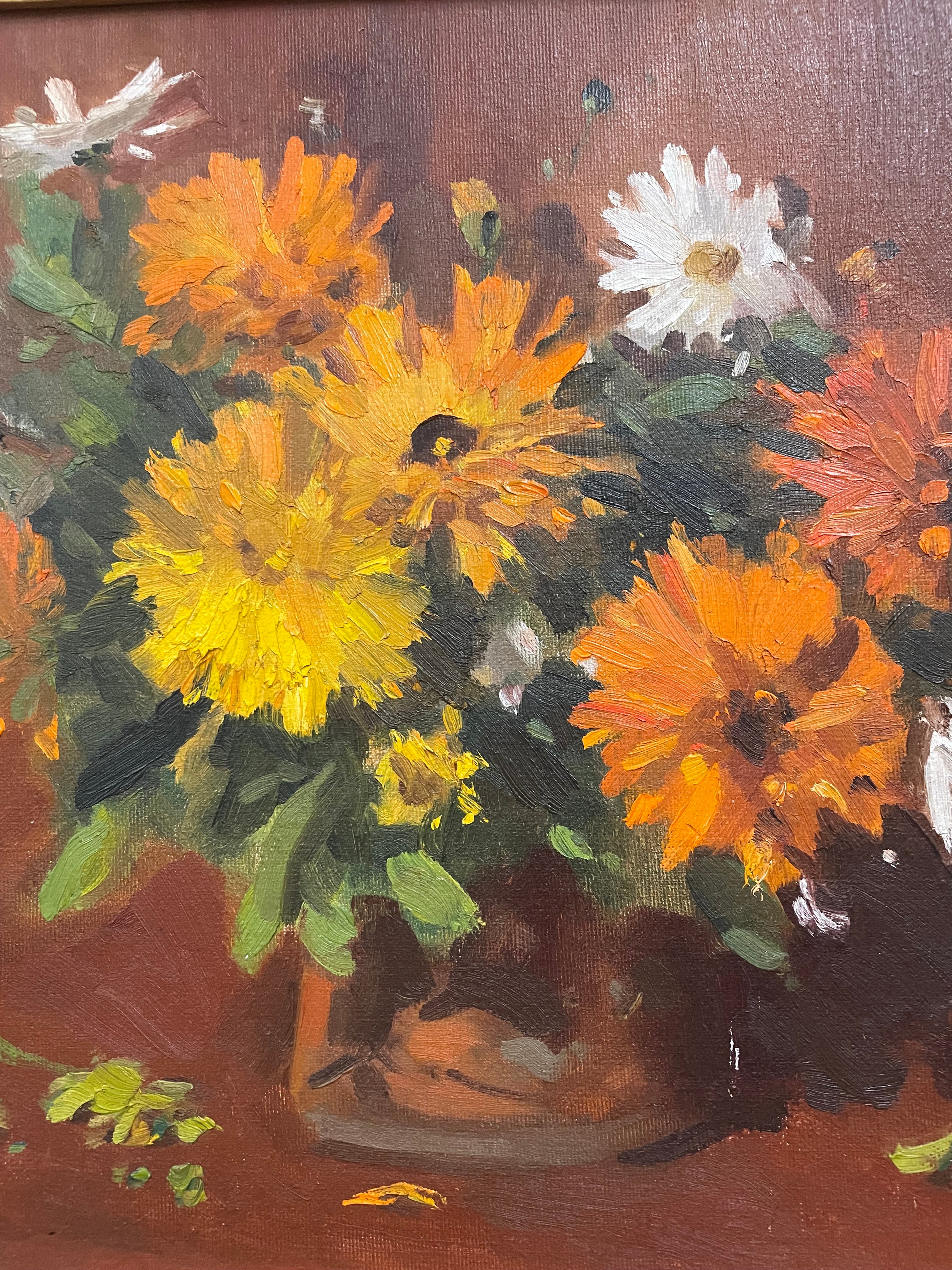 Beautiful Framed Mid Century Daisies Floral Painting