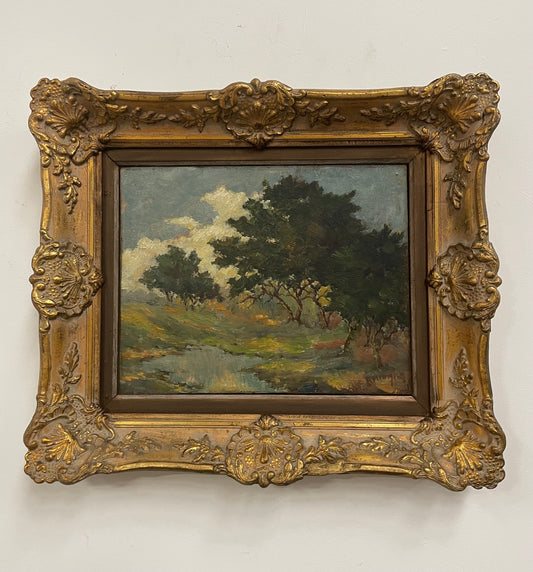 Beautiful small stunning French oil on board Landscape painting in a ornate gold frame and signed by artist.  In good original detailed condition. Please view photos as they help form part of the description.