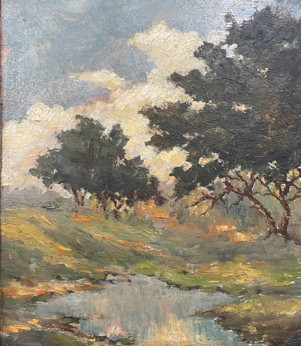 Beautiful small stunning French oil on board Landscape painting in a ornate gold frame and signed by artist.  In good original detailed condition. Please view photos as they help form part of the description.