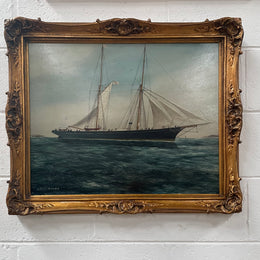 Fabulous Antique 19th Century Oil on Board Ship Painting "Light Winds"