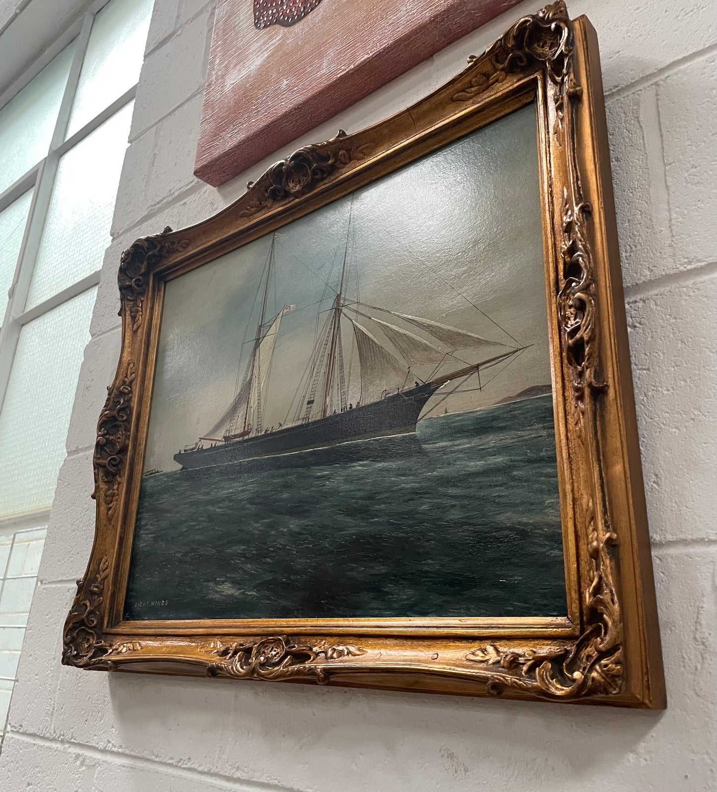 Fabulous Antique 19th Century Oil on Board Ship Painting "Light Winds"