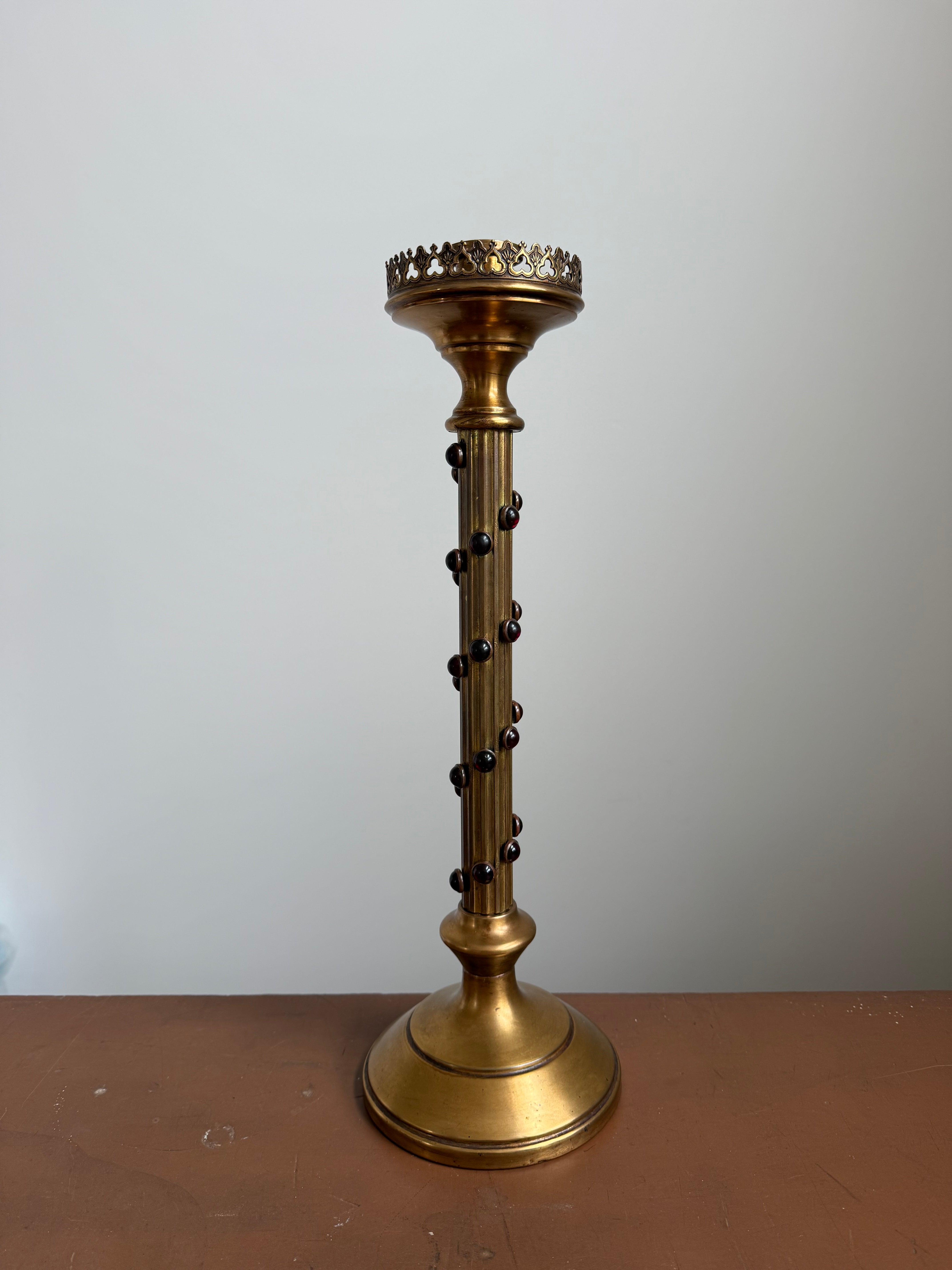 Gothic Revival Brass Candlestick with Red Stones