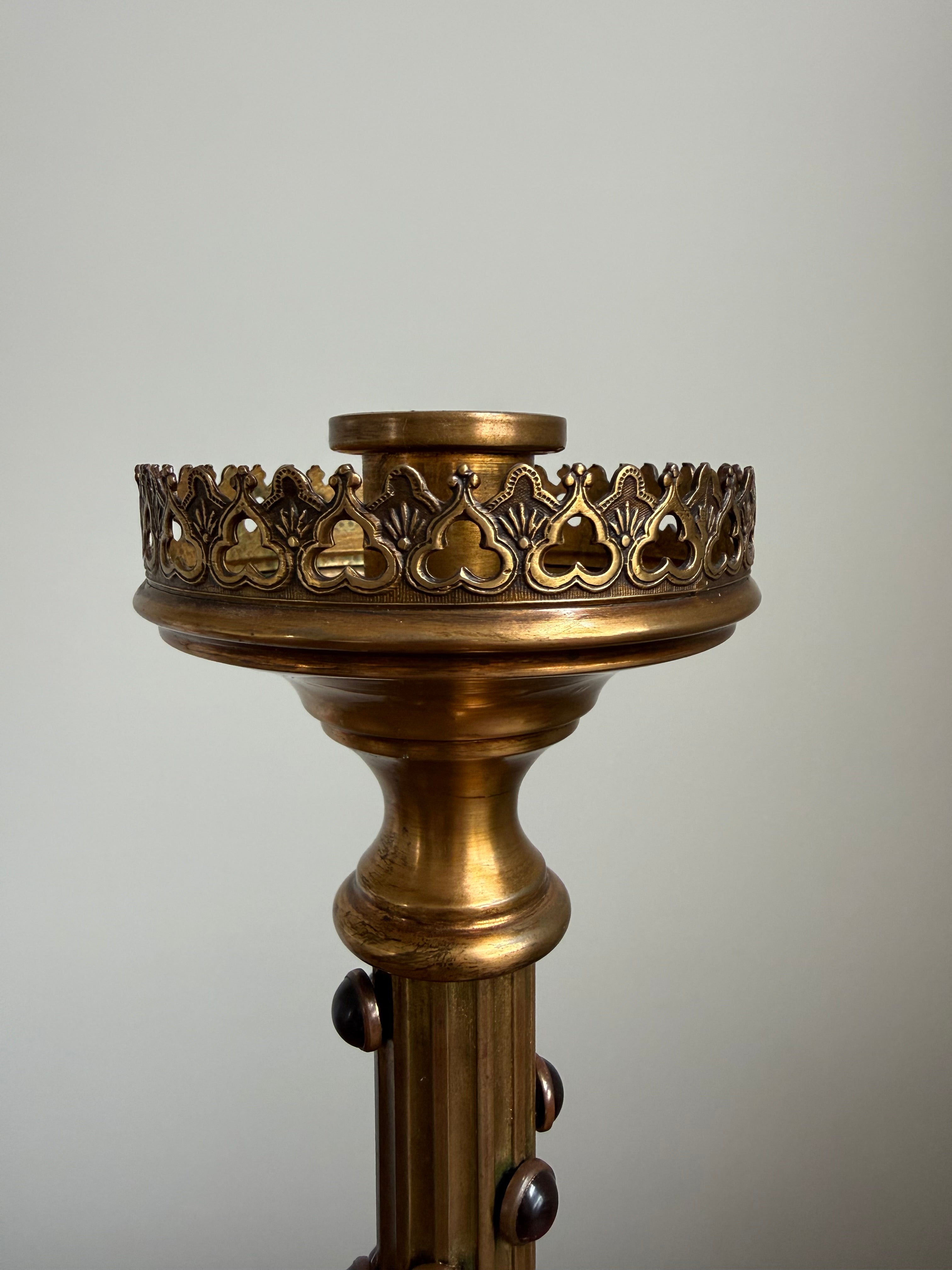 Gothic Revival Brass Candlestick with Red Stones
