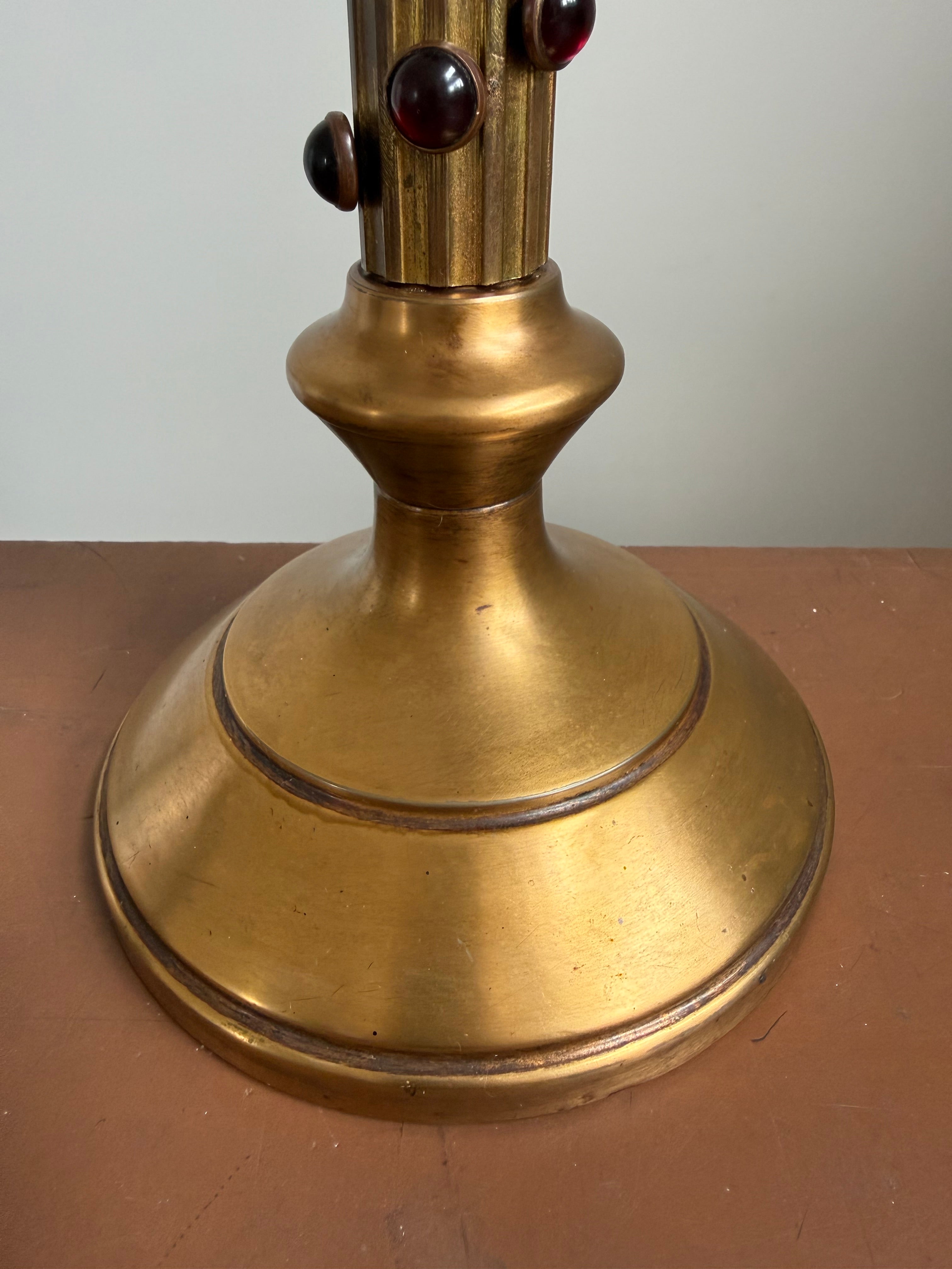 Gothic Revival Brass Candlestick with Red Stones