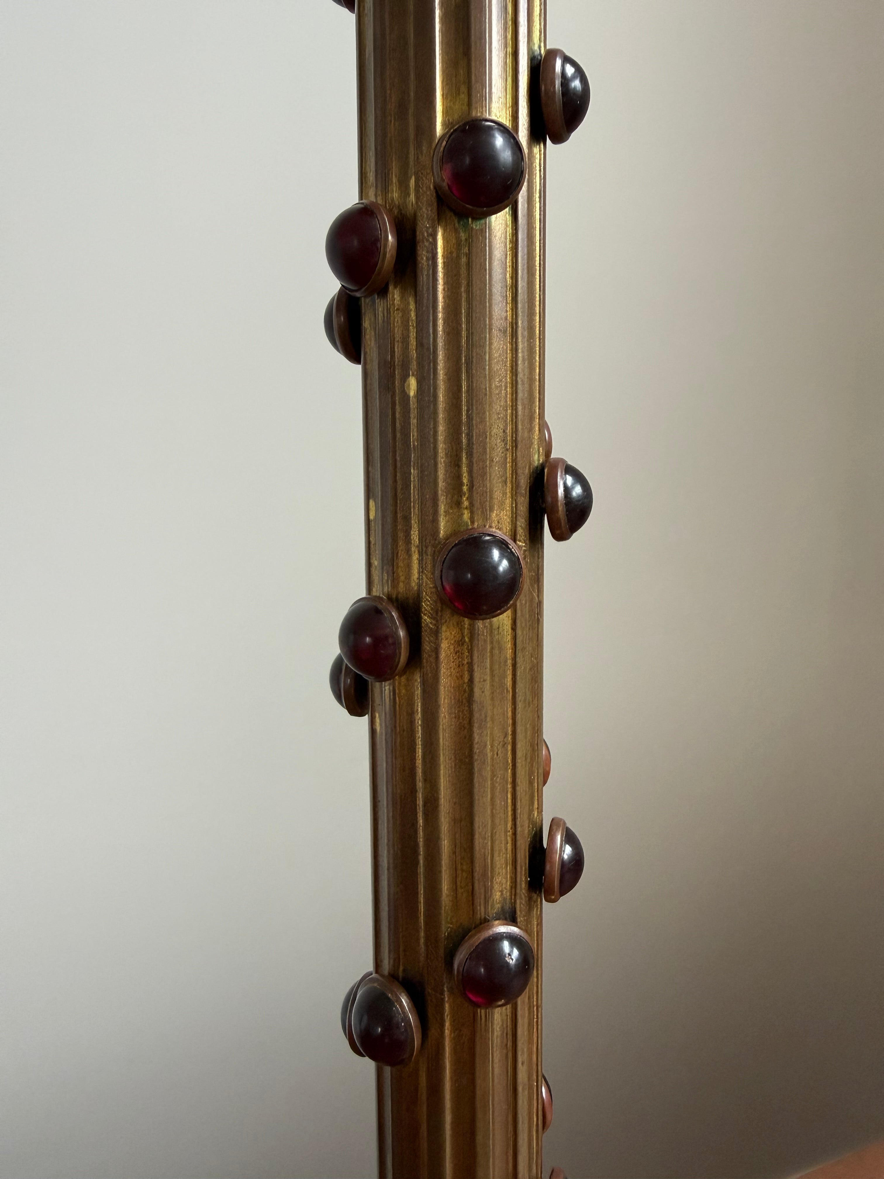 Gothic Revival Brass Candlestick with Red Stones