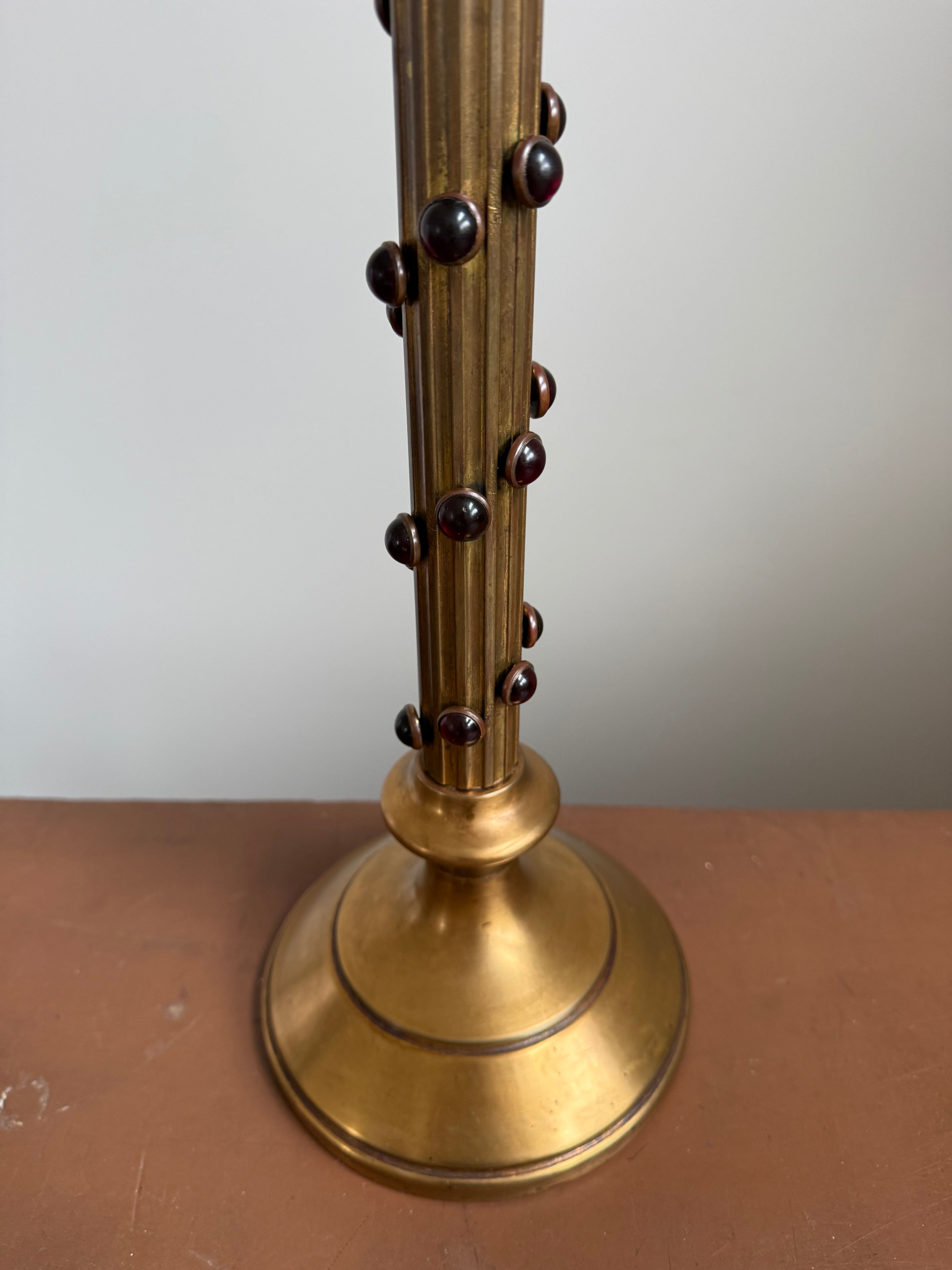 Gothic Revival Brass Candlestick with Red Stones