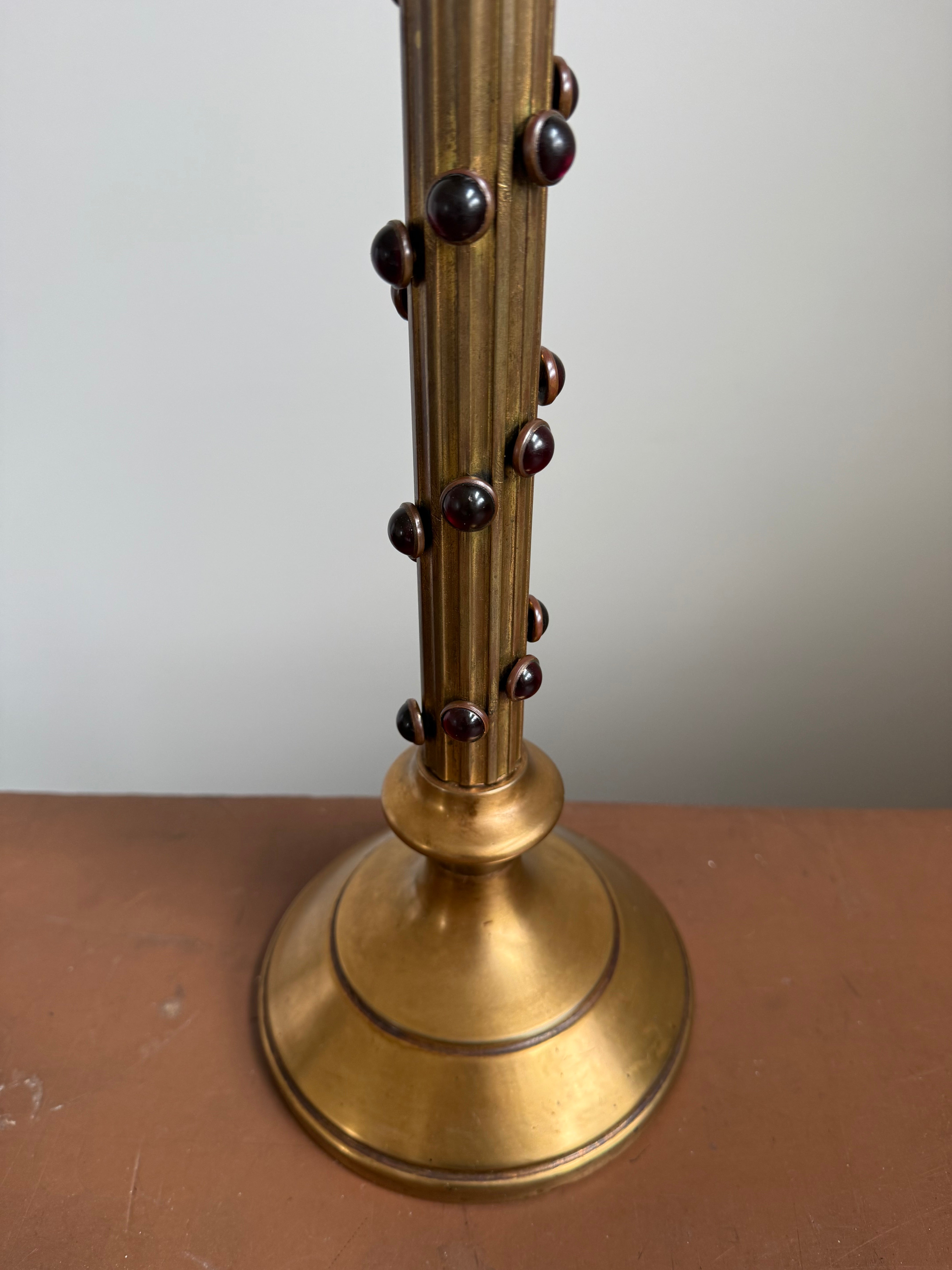 Gothic Revival Brass Candlestick with Red Stones