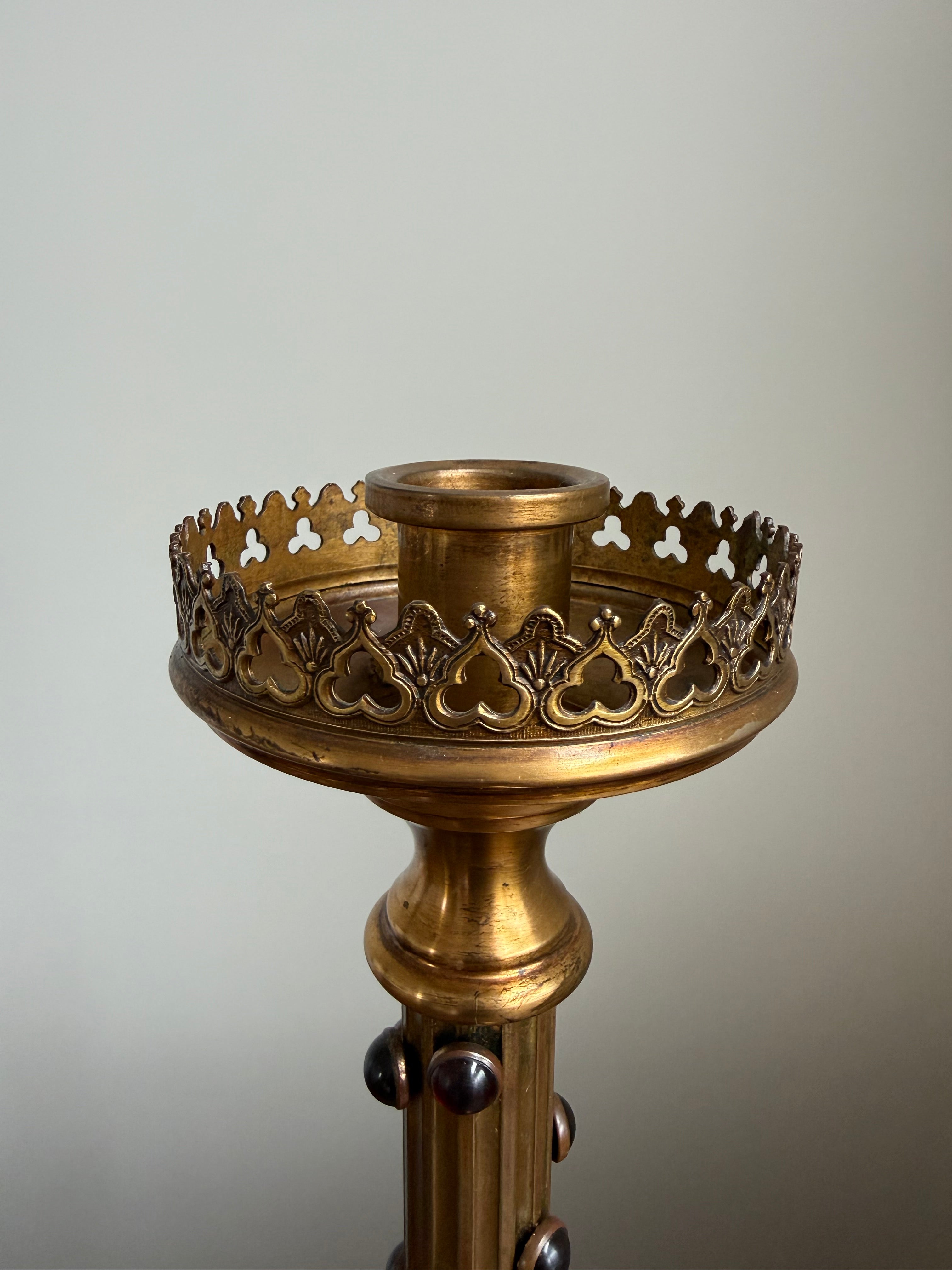 Gothic Revival Brass Candlestick with Red Stones