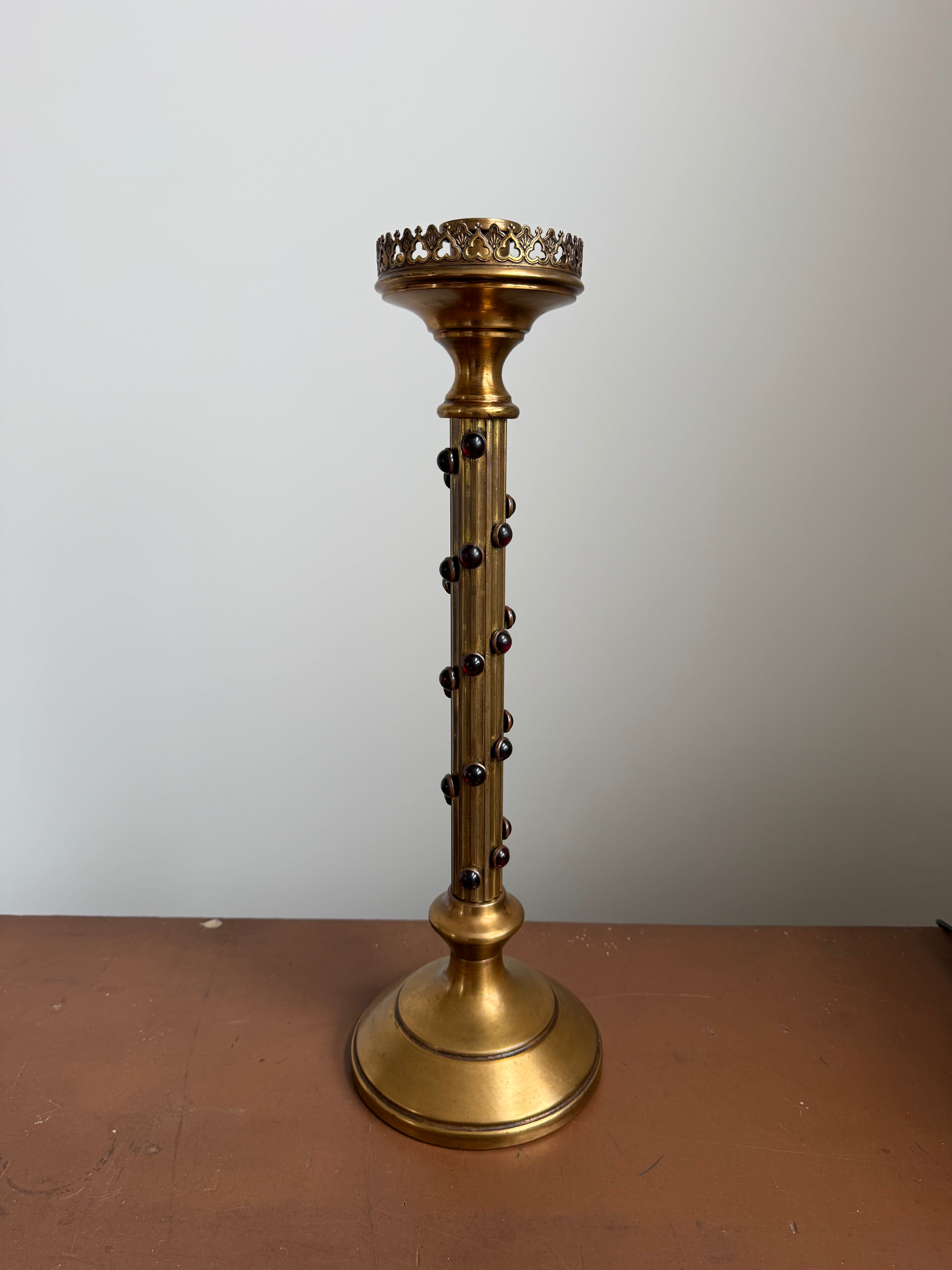 Gothic Revival Brass Candlestick with Red Stones