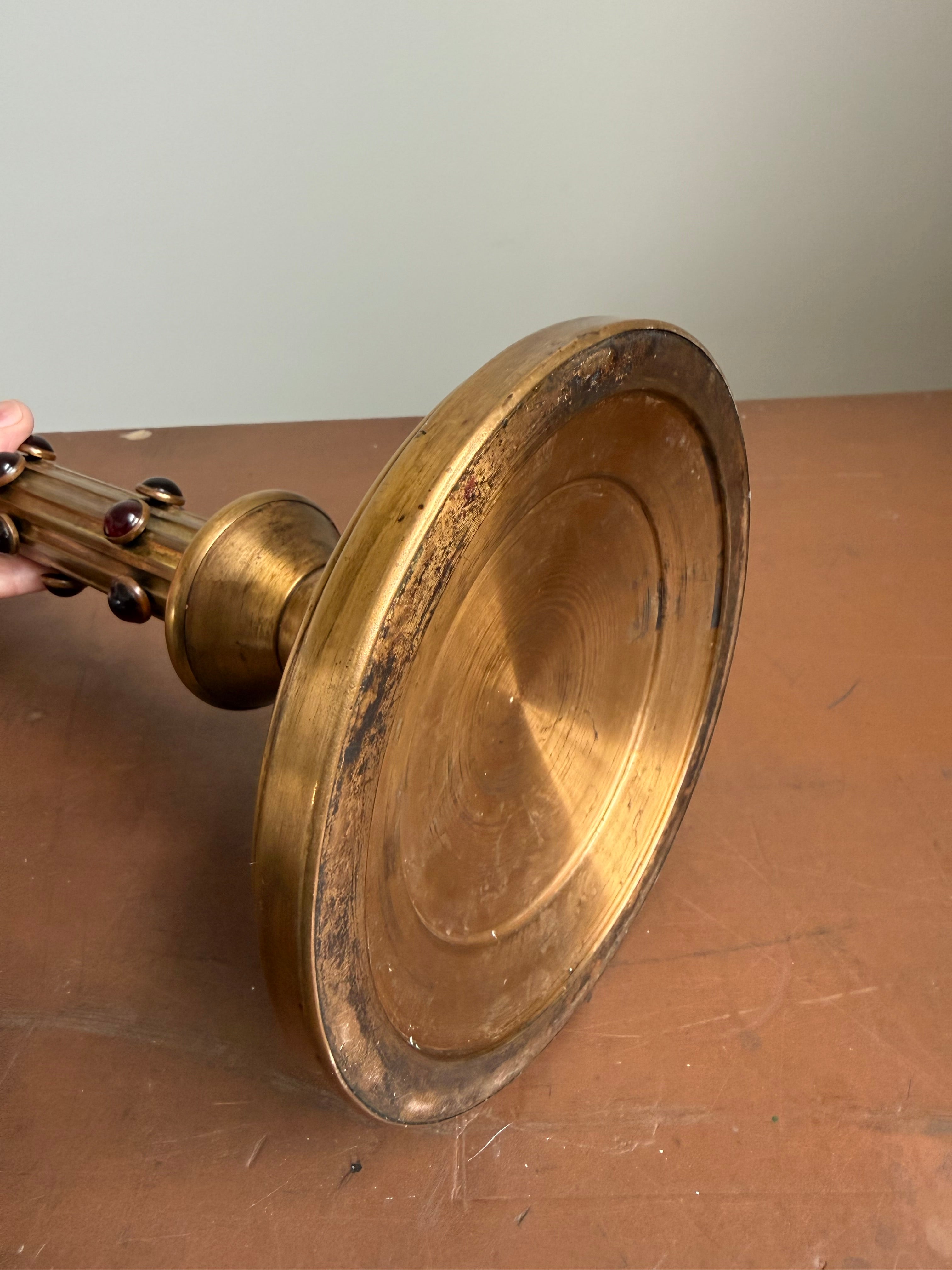 Gothic Revival Brass Candlestick with Red Stones