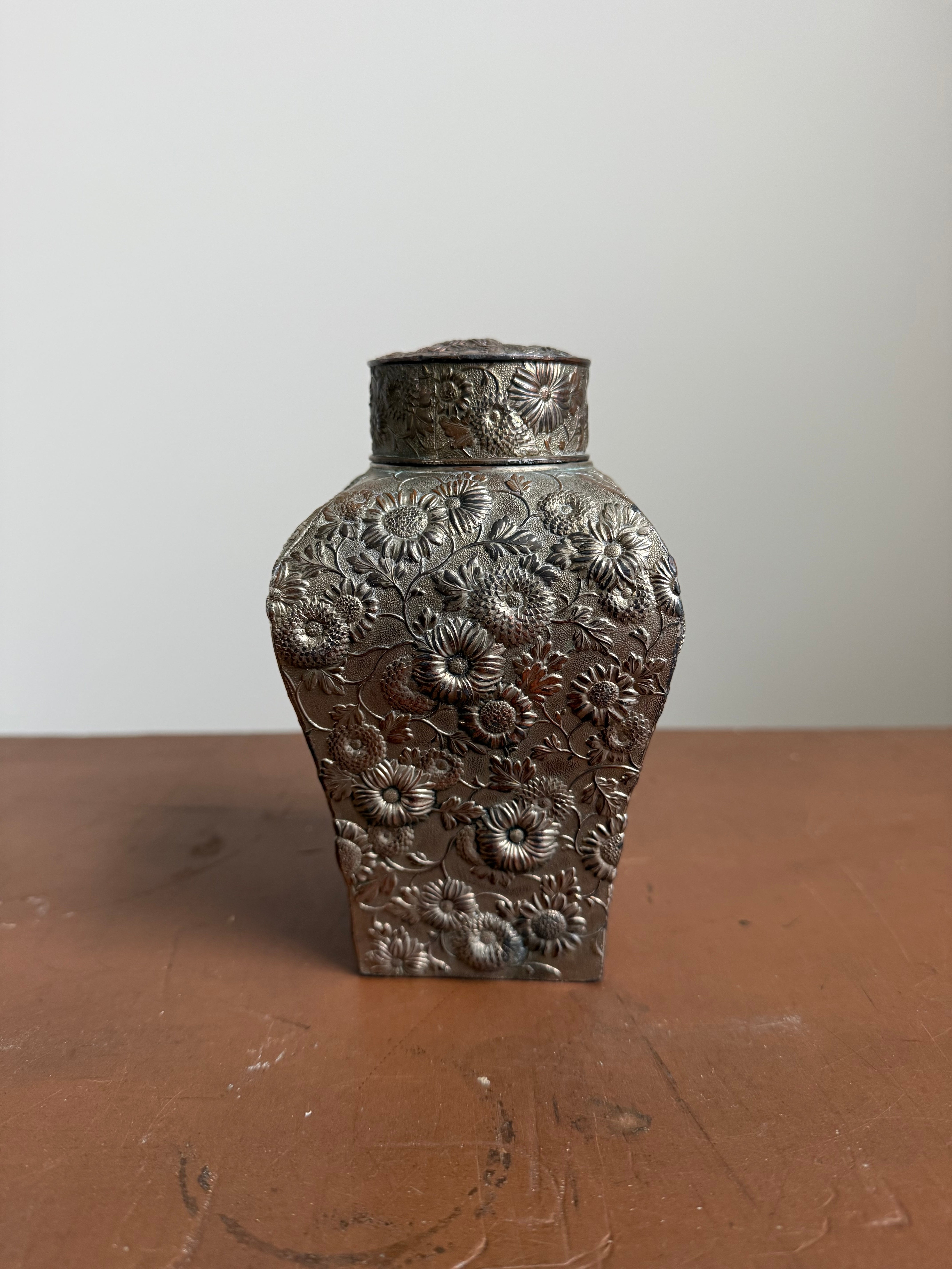 Late 19th Century White Metal ( Silver Over Copper ) Tea Caddy