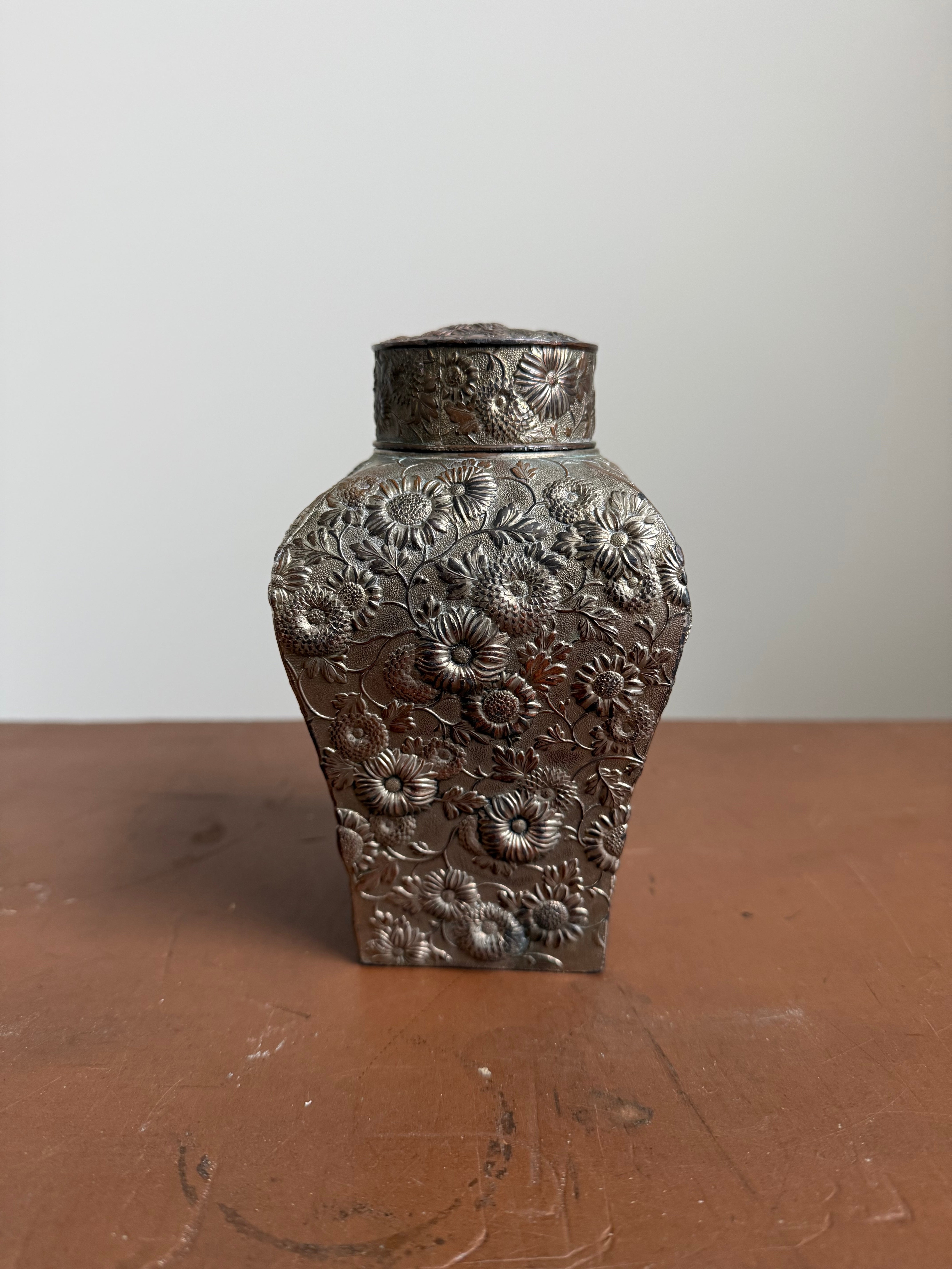 Late 19th Century White Metal ( Silver Over Copper ) Tea Caddy