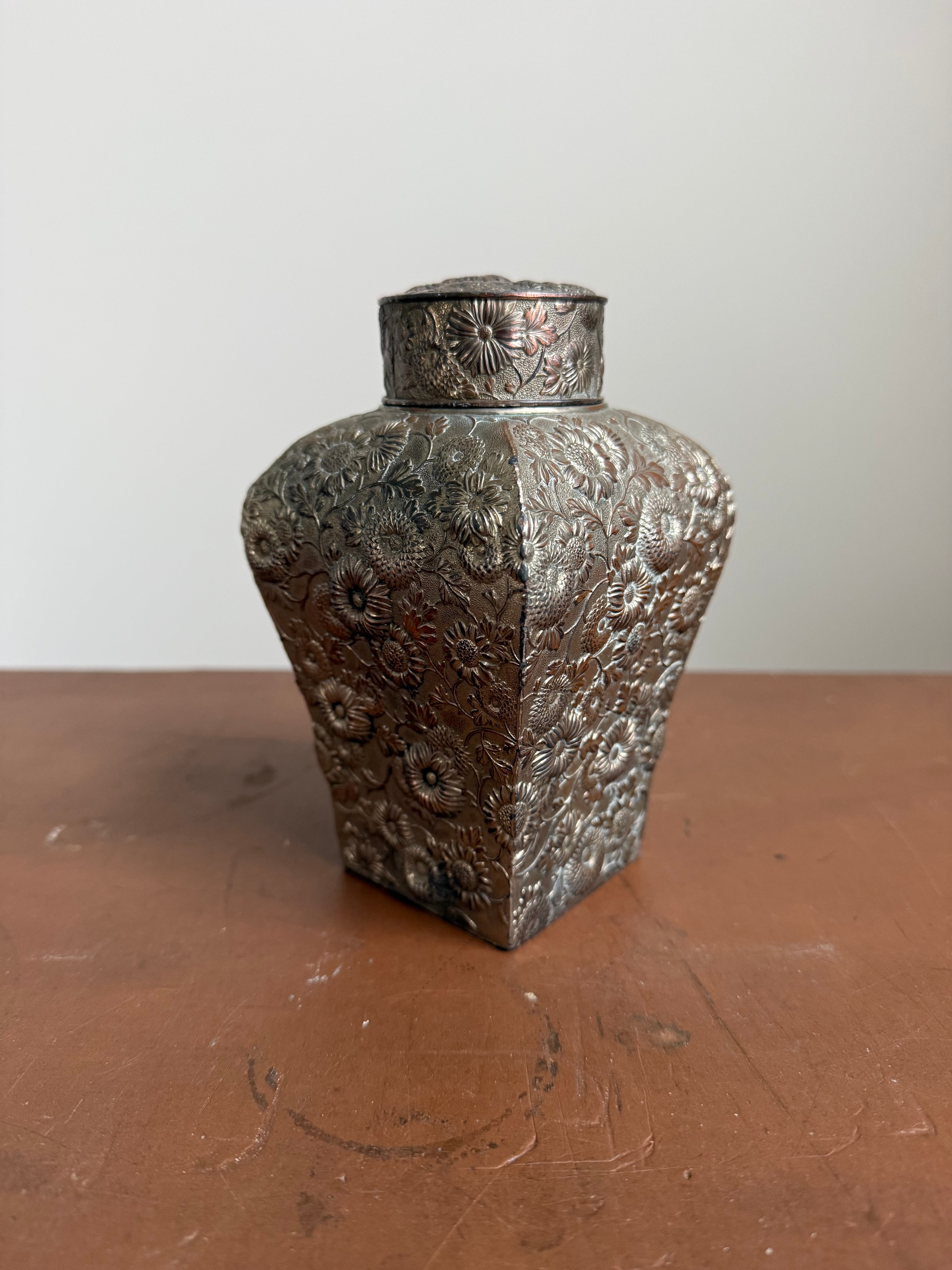 Late 19th Century White Metal ( Silver Over Copper ) Tea Caddy